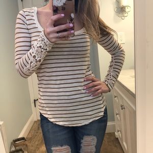 Free People Stripe and Lace Tee Shirt NWOT XS